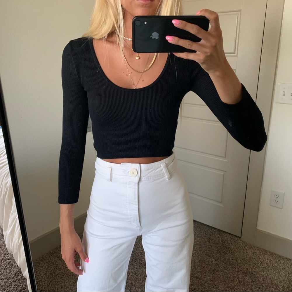 Zara Black Quarter Length Sleeve Seamless Rib Top